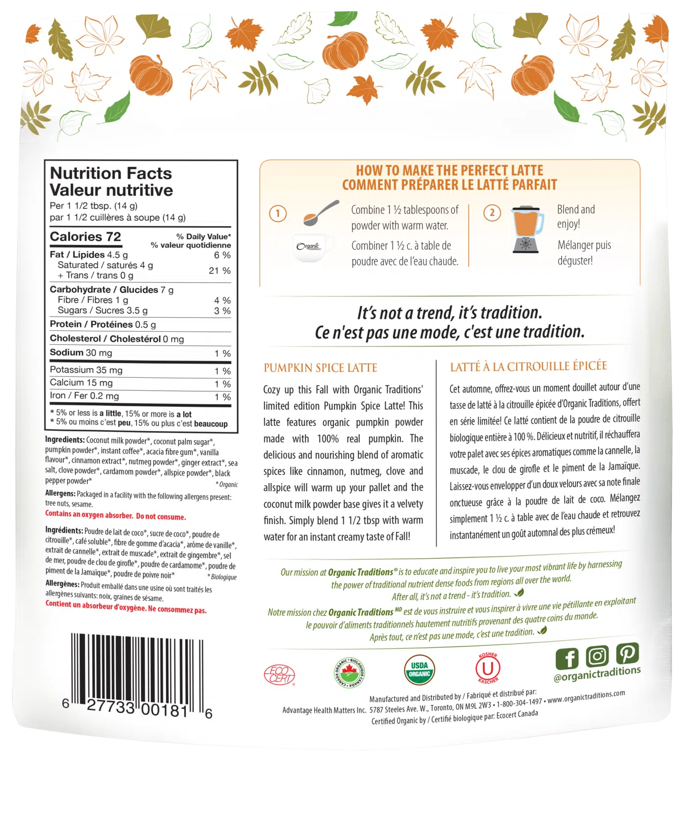 Organic Traditions – Pumpkin Spice Latte, 150g - Image 2